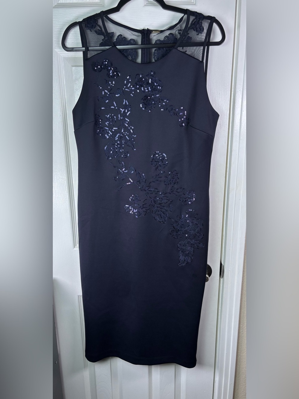Tahari Navy Sheath Dress with Sequin Floral Appliqué